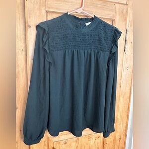 Loft Forest Green Dress Shirt Sz Large Rouched Chest and Ruffle Details